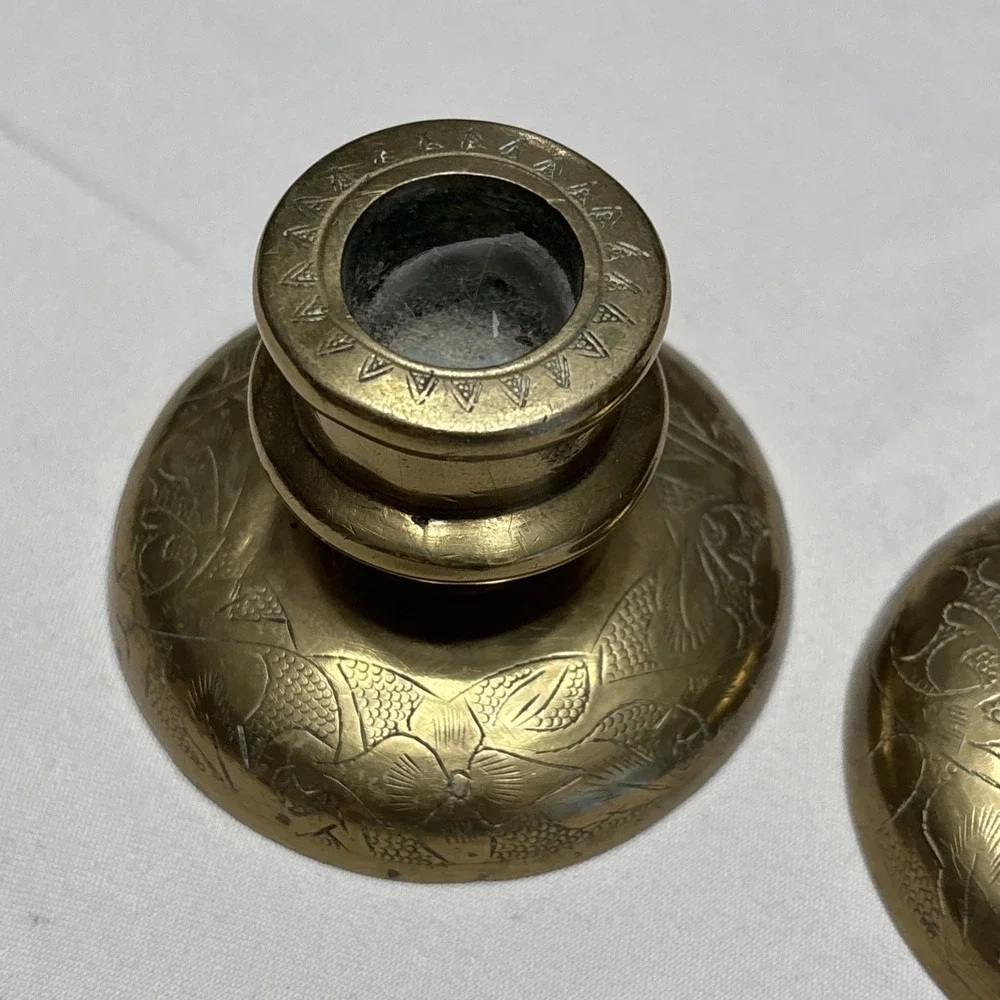 Pair of Vtg‎ Brass Engraved Candle Holders